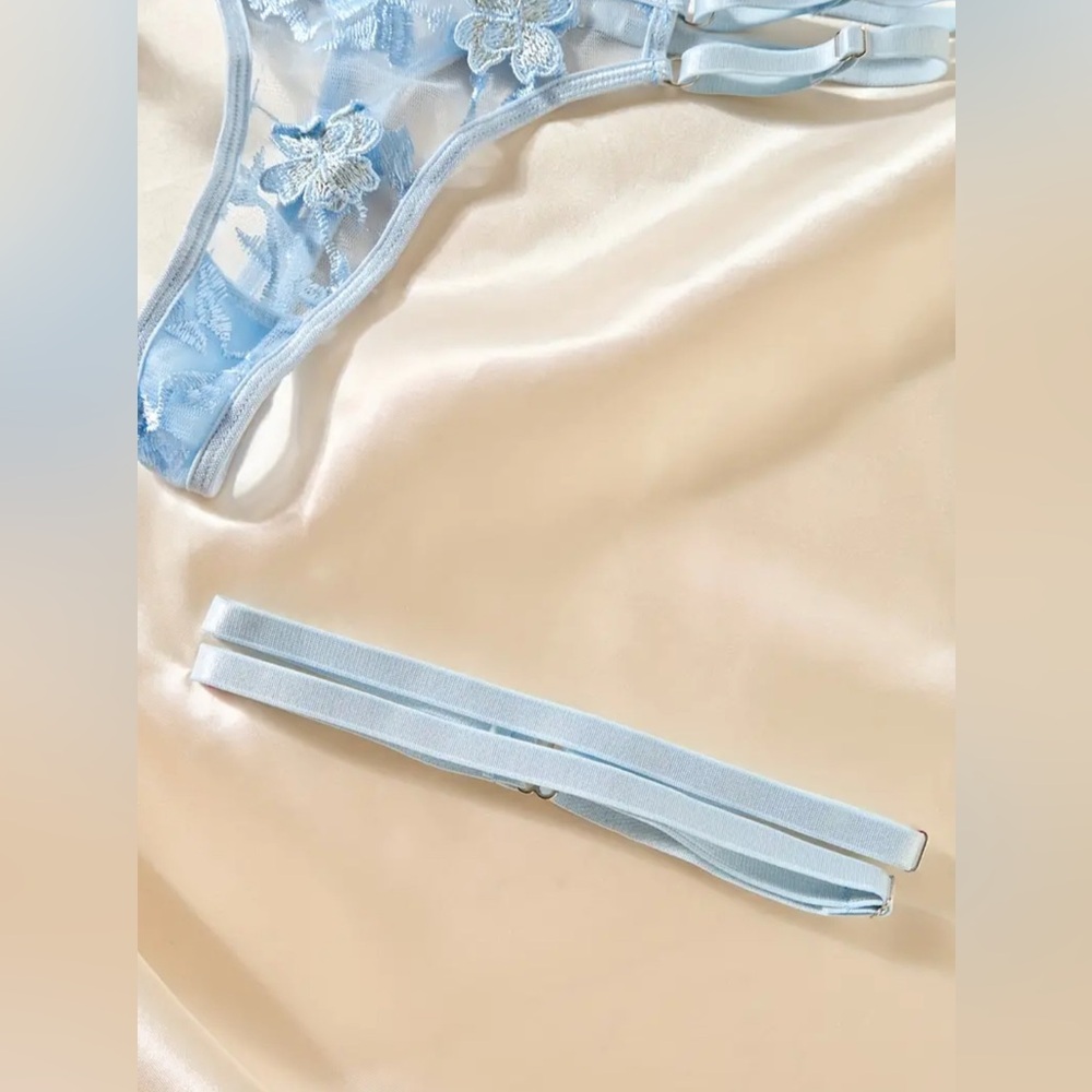 Gigi Angelic Blue Floral Embroidered Mesh Corset Bustier + Thong + Garter Set - Picture 7 of 10
